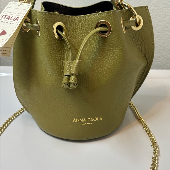 NEW Anna Paola Italian Leather Bucket Bag Made In Italy Olive Green - Picture 2 of 9